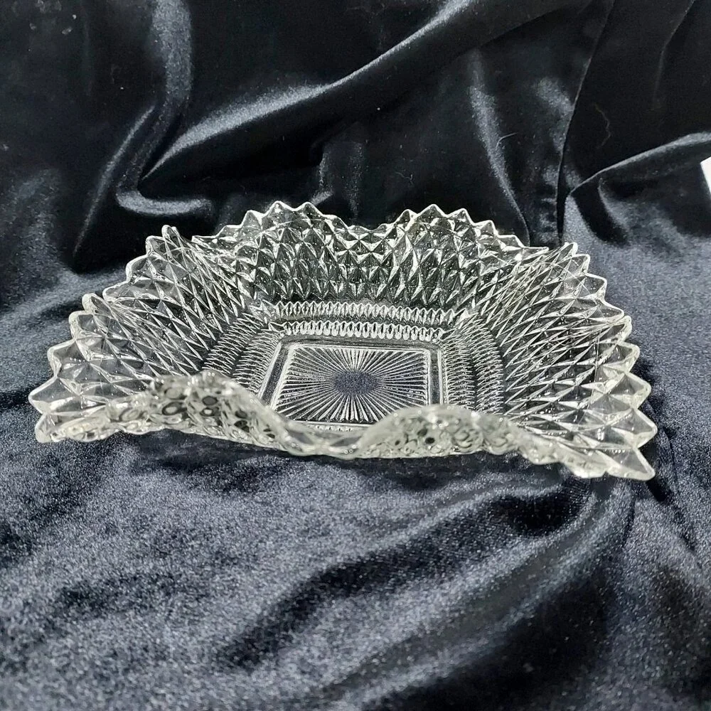 Clear Depression Glass Diamond Cut Candy Dish Candle Holder Sawtooth Edges Set 3 - Picture 4 of 12